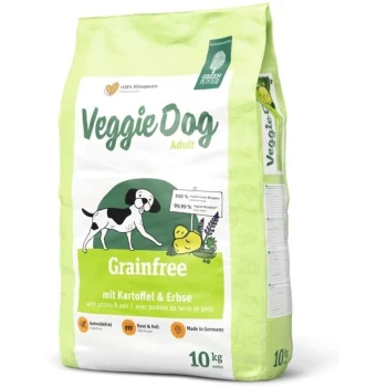 Grünes Petfood Veggie Dog Adult getreidefreies Hundefutter, 10 kg, mit einem Cartoon-Hund, Kartoffeln und Erbsen, mit Text in Deutsch und Englisch.