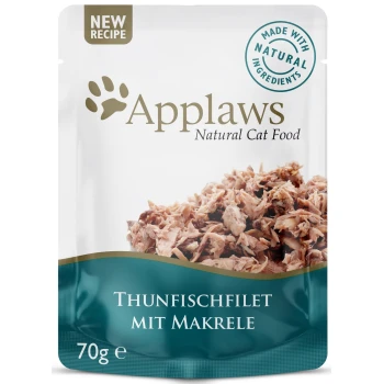 Applaws Naturkatzenfutterbeutel mit Thunfischfilet und Makrele, 70g, beschriftet mit "Neues Rezept" und "Hergestellt mit natürlichen Zutaten."