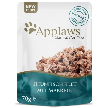 Pochette de nourriture naturelle pour chat Applaws contenant du filet de thon avec du maquereau, 70g, étiquetée "New Recipe" et "Made with Natural Ingredients."