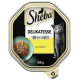 Sheba Delikatesse Katzenfutter in Gelee mit Huhn, 85g, mit einer grauen Katze und einer Schüssel mit Futter und Kräutern.