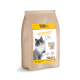 Braune Papiertüte mit Katzenfutter, beschriftet mit "Küchenjäger Huhn & Ente mit Gemüse", mit einer grauen Katze auf der Vorderseite und dem Hinweis "75% Huhn & Ente."