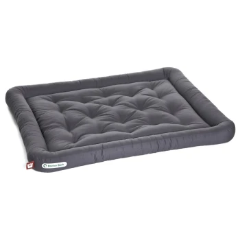 Graues Haustierbett mit gestepptem Design und erhöhten Kanten, beschriftet mit "Doctor Bark" an der Seite.