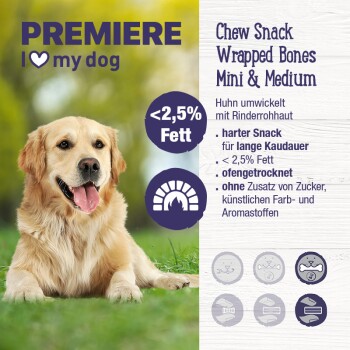 Golden Retriever sitzt auf Gras und lächelt; Produktetikett für "Kau Snack Eingewickelte Knochen Mini & Medium" mit wenig Fett und ohne Zusatzstoffe.