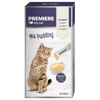 Eine verspielte getigerte Katze greift nach einer Schüssel mit cremigem Pudding, mit Verpackung, die "PREMIERE I ❤️ meine Katze Mein Pudding" und "laktosearm" beschriftet ist.