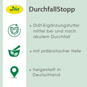 cdVet DurchfallStopp Produktbild, das ein Nahrungsergänzungsmittel für Haustiere mit akutem Durchfall zeigt, enthält präbiotische Hefe, hergestellt in Deutschland.