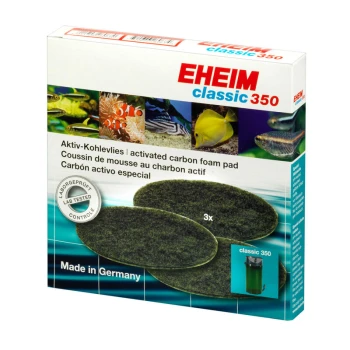 Satz Kohlevlies f. 2215 EHEIM classic 350 Aktivkohle-Schaumstoffpolsterverpackung, die drei ovale Polster, Bilder von Fischen und Text in mehreren Sprachen zeigt.