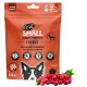 Helle orangefarbene Hundetrainingssnacks mit der Aufschrift "EAT SMALL INSECTS FOR PETS ENERGY", mit Insektenprotein, Cranberries und ohne Getreide oder Gluten.