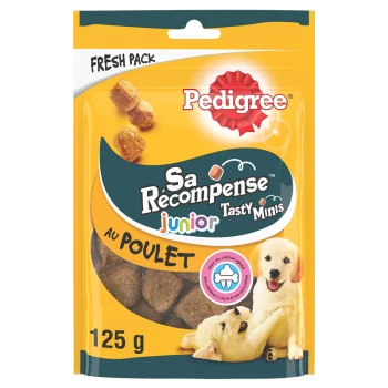 Friandises pour chiens Pedigree Sa Récompense Junior Tasty Minis dans un emballage frais, présentant une saveur de poulet, 125 g.
