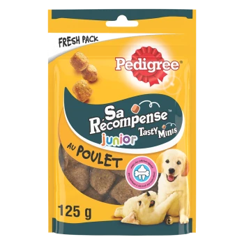 Friandises pour chiens Pedigree Sa Récompense Junior Tasty Minis dans un emballage frais, présentant une saveur de poulet, 125 g.