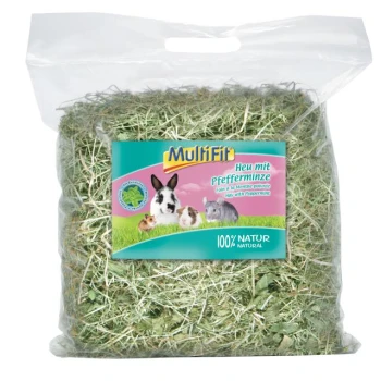 MultiFit-Heu mit Pfefferminze für kleine Haustiere, mit einem bunten Etikett, das Bilder eines Kaninchens, eines Meerschweinchens und eines Hamsters zeigt.