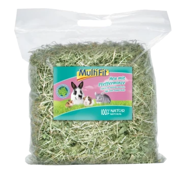 Foin MultiFit à la menthe poivrée pour petits animaux, avec une étiquette colorée comportant des images d'un lapin, d'un cochon d'Inde et d'un hamster.