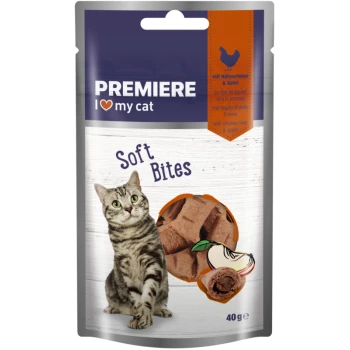 Cat treat packaging featuring a gray tabby cat, labeled "PREMIERE I love my cat Soft Bites," with chicken liver and apple.