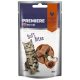 Verpackung für Katzenleckerlis mit einer grauen getigerten Katze, beschriftet mit 'PREMIERE I love my cat Soft Bites', mit Hühnerleber und Apfel.