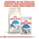 Royal Canin Katzenfutterverpackung zeigt 'Home Life Indoor 27' Trockenfutter und 'Indoor Sterilised' Nassfutter mit einem deutschen Textüberlagerung.