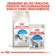 Royal Canin Katzenfutterverpackung zeigt 'Home Life Indoor 27' Trockenfutter und 'Indoor Sterilised' Nassfutter mit einem deutschen Textüberlagerung.
