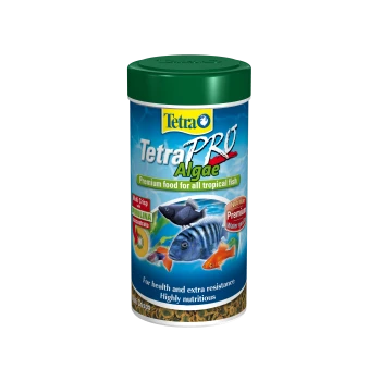 TetraPRO Algae fish food container, featuring colorful tropical fish illustrations, labeled as "Premium food for all tropical fish."