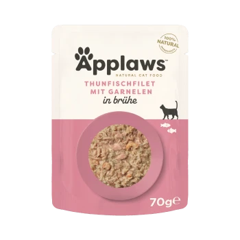 Applaws natürliche Katzenfutter-Tüte mit Thunfischfilet und Garnelen in Brühe, 70g, gekennzeichnet als 100% natürliche Zutaten.