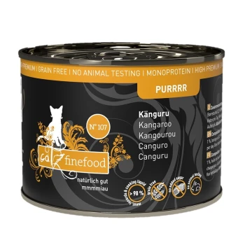 Schwarze Dose mit Katzenfutter, beschriftet mit "catz finefood" und "Känguru" (Känguru) prominent angezeigt, mit einer Katzensilhouette und dekorativen Elementen.