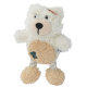 Ein plüschiger Teddybär-Spielzeug für Haustiere, mit einem flauschigen weißen Körper, einem beigen Bauch und Seilbeinen mit Pomponfüßen.
