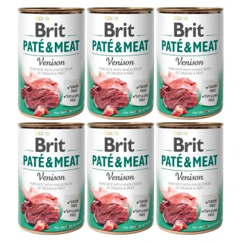 Sześć puszek Brit Paté & Meat, oznaczonych 'Venison', z obrazkami mięsa i organów, z zapewnieniami o braku zbóż, soi i GMO.