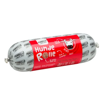 Zylindrische Hundefutterverpackung mit der Aufschrift "Hunde Rolle" im rot-weißen Design, Kuhgrafik, "Hergestellt in Deutschland" und "Hochwertiges Hundefutter!"