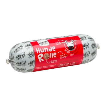 Zylindrische Hundefutterverpackung mit der Aufschrift "Hunde Rolle" im rot-weißen Design, Kuhgrafik, "Hergestellt in Deutschland" und "Hochwertiges Hundefutter!"