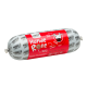Zylindrische Hundefutterverpackung mit der Aufschrift "Hunde Rolle" im rot-weißen Design, Kuhgrafik, "Hergestellt in Deutschland" und "Hochwertiges Hundefutter!"