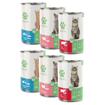 Dosen mit Fellicita Haustierfutter, die Bilder von Katzen und Hunden zeigen, beschriftet mit Geschmäckern: Hering, Krabben & Huhn; Pute & Forelle; Rind & Ente.