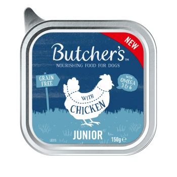 Karma dla psów Butcher's Junior, 150g, bez zbóż, z kurczakiem, wzbogacona w omega 3 i 6, oznaczona jako "NOWOŚĆ".