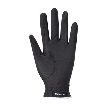 Schwarze Haustierpflegehandschuh mit strukturierter Oberfläche und elastischem Handgelenk, mit dem Markennamen "Roecki" am Bund.