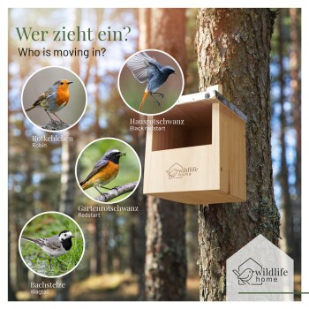 Holz-Wildtierschutzunterkunft mit einem Metalldach, mit einem Belüftungsloch und einem artgerechten Eingang, auf Deutsch beschriftet.