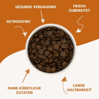 Schüssel mit dunklem Futter mit Vorteilen: Gesunde Verdauung, Getreidefrei, Frisch zubereitet, Keine künstlichen Zutaten, Lange Haltbarkeit.