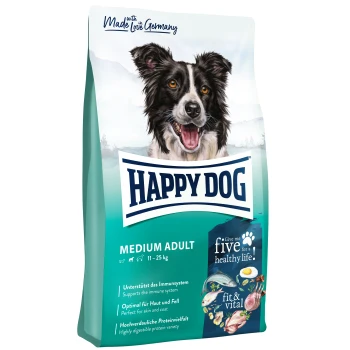 Hundefutterbeutel mit einem lächelnden Border Collie, beschriftet mit "Happy Dog Medium Adult" für Hunde von 11-25 kg, mit aufgeführten Gesundheitsvorteilen.