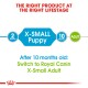 Infographic showing dog food transition from "X-Small Puppy" at 2 months to "X-Small Adult" at 10 months, with a note to switch to Royal Canin.