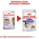 Image comparant deux sachets de nourriture pour chat Royal Canin étiquetés "Stérilisé" avec un nouveau design, présentant un chat et un texte en français.
