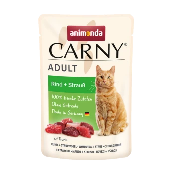 Opakowanie karmy dla kotów Animonda Carny Adult z wołowiną i strusiem, oznaczone '100% frische Zutaten, Ohne Getreide, Made in Germany.'