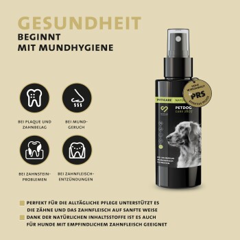 Petcare Petdog Care 2807 Sprühflasche für die Mundhygiene von Hunden, mit goldenem Kopf und Symbolen für Plaque, schlechten Atem, Zahnstein und Zahnfleischprobleme.