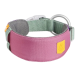 Ein stilvolles Haustierhalsband mit einem rosa Stoffband mit einem gelben Logo-Patch, verstellbarem grünen Riemen und einem silbernen D-Ring zur Leinenbefestigung.