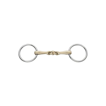 Ein silbernes und goldenes Pferdegebiss mit zwei runden Ringen an jedem Ende, entworfen für den Reitsport.