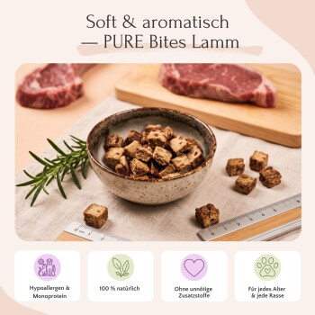 Ein Hund mit einem blauen und einem braunen Auge hält eine Tüte "Pure Bites Lamm" Haustierfutter, die hochwertige Zutaten und Reisekomfort hervorhebt.
