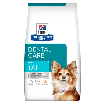 Hill's Prescription Diet Dental Care Mini t/d hondenvoerzak met label aanbevolen door dierenartsen en afbeelding van een kleine hond.
