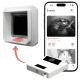 Weiße Haustierklappe mit abnehmbarem Sensor und Smartphone‑App, die 'Events' und eine Benachrichtigung 'Prey detected' mit Katzenbild anzeigt.