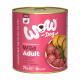 Dosenfutter für Hunde mit der Aufschrift 'WOW-Dog Wild Adult' mit Wild, auf einem rosa Hintergrund, zeigt Fleischstücke und Gemüse.