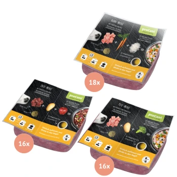 Drei Pakete proCani Haustierfutter mit verschiedenen Geschmacksrichtungen: Bunny Menu, Eintopf Menu und Rote Menü, mit Zutaten und Servieranweisungen.