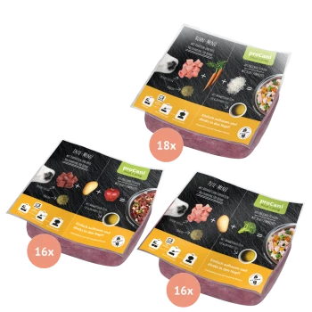 Drei Pakete proCani Haustierfutter mit verschiedenen Geschmacksrichtungen: Bunny Menu, Eintopf Menu und Rote Menü, mit Zutaten und Servieranweisungen.