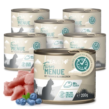 Dosen von BEAVET Feines Menü Katzenfutter mit Fasan und Heidelbeeren, mit 98% Fleisch, ohne Zucker oder Getreide, und einer Silhouette einer Katze.