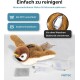 Plüschspielzeug-Vogel für Katzen mit abnehmbarem Motor, USB-Ladekabel und Katzenminze-Täschchen; enthält Waschhinweise auf Deutsch.