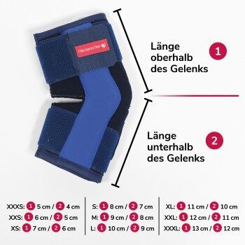 Blaue HerzensTier Gelenkbandage für Haustiere mit verstellbaren Riemen, zeigt Maßanleitung in Deutsch für Größen XXXS bis XXXL.