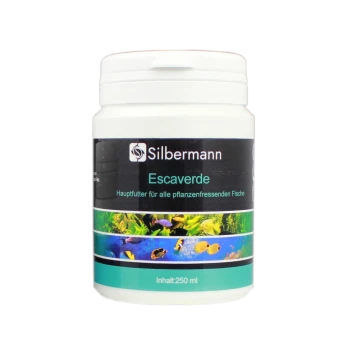 Silbermann Escaverde Fischfutterbehälter, 250 ml, als Hauptfutter für alle pflanzenfressenden Fische gekennzeichnet, mit bunten aquatischen Bildern.