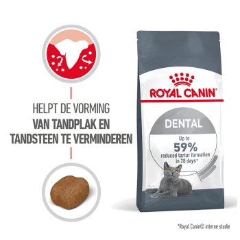 Royal Canin Dental kattenvoer zak, met een grijze kat, beweert de vorming van tandsteen met tot 59% te verminderen in 28 dagen.